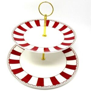 Grace Teaware Christmas Two Tier Serving Plate Peppermint Red White Stripe New
